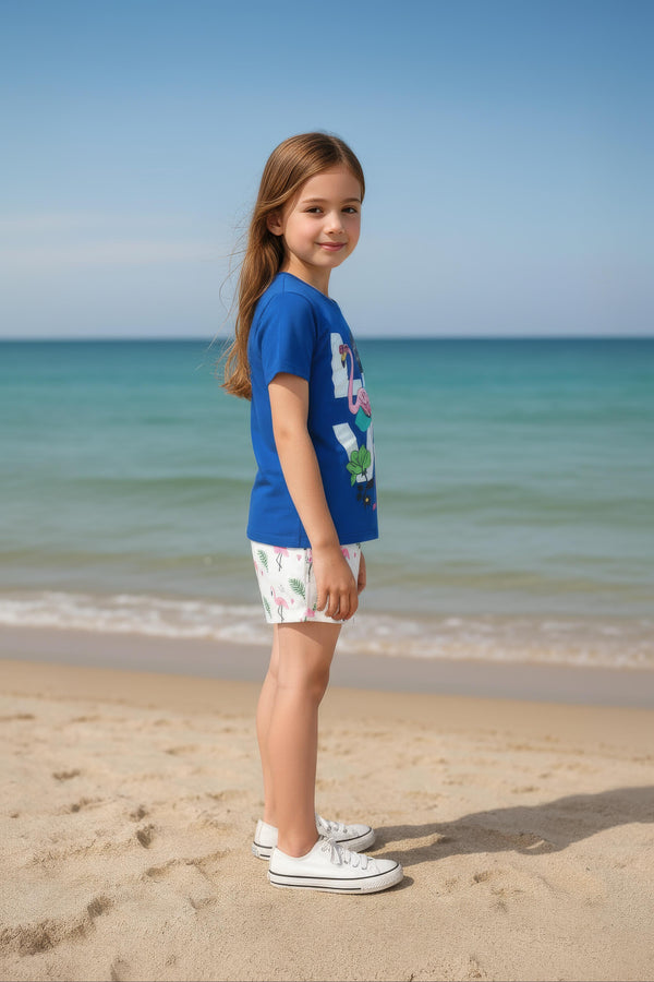 Clothe Funn Girls Cotton Nightwear Set, Royal Blue & White