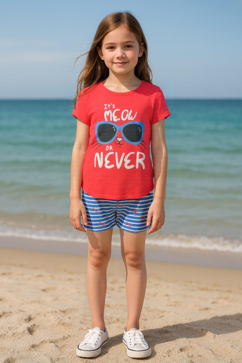 Clothe Funn Girls Cotton Nightwear set, Coral & Sky