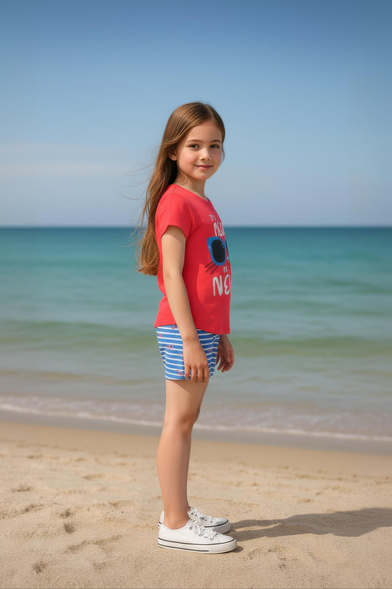 Clothe Funn Girls Cotton Nightwear set, Coral & Sky