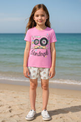 Clothe Funn Girls Cotton Nightwear set, Pink & Off White