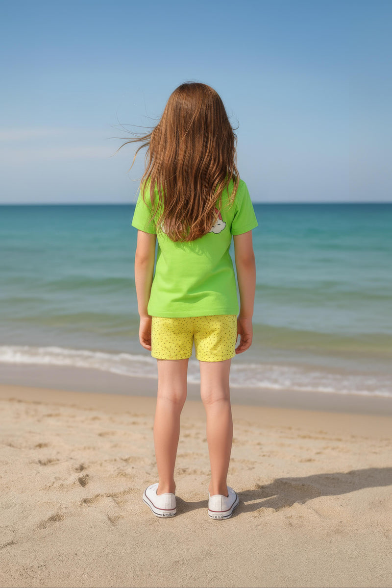 Clothe Funn Girls Co_ord Set, Short Set,T.Blue/Pink Dotted & Neon Green & Yellow(Pack of 2 Set)