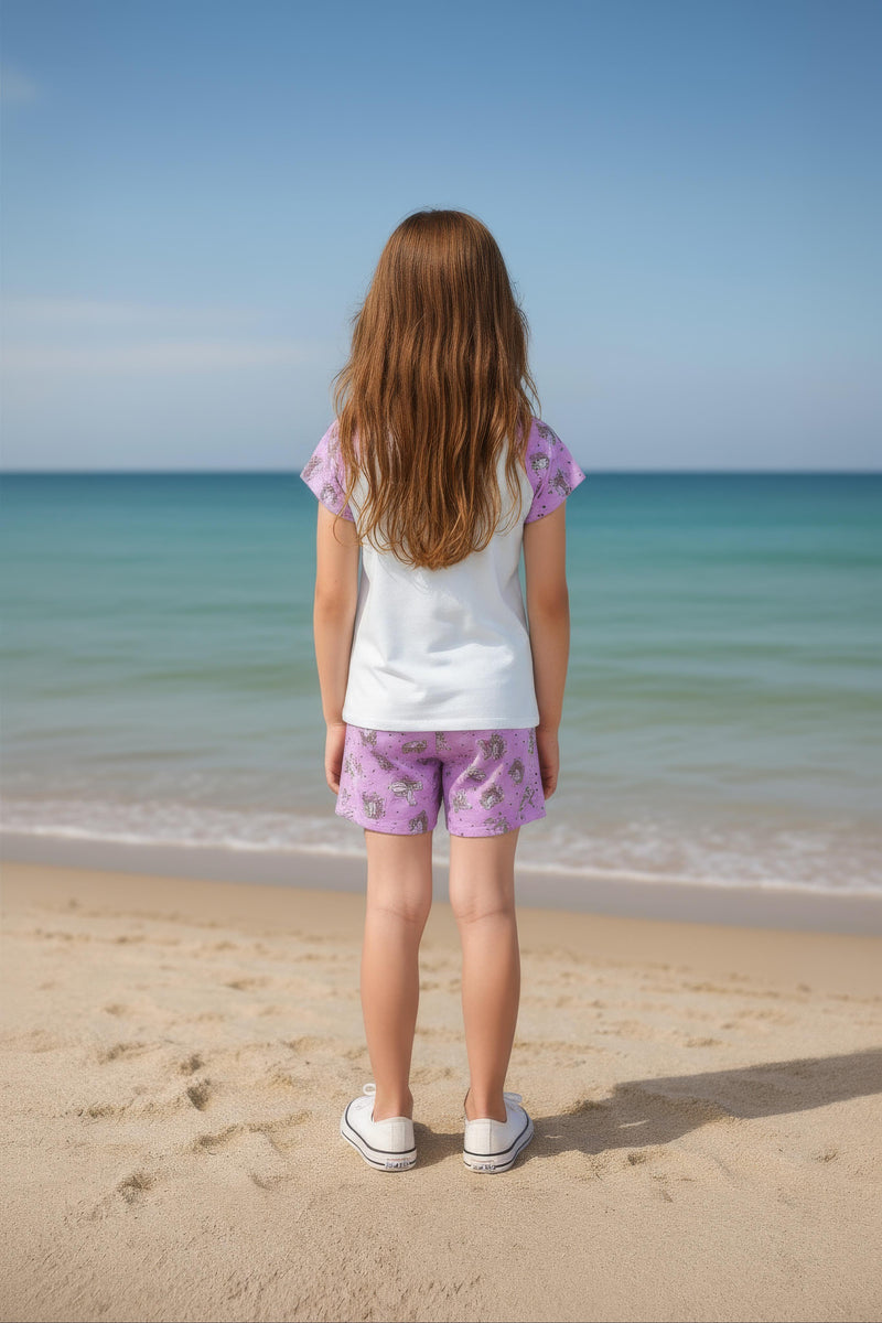 Clothe Funn Girls Co-Ordinate Set, Short Set, Off White/D.Pink & White & Purple AOP (Pack of 2 Set)