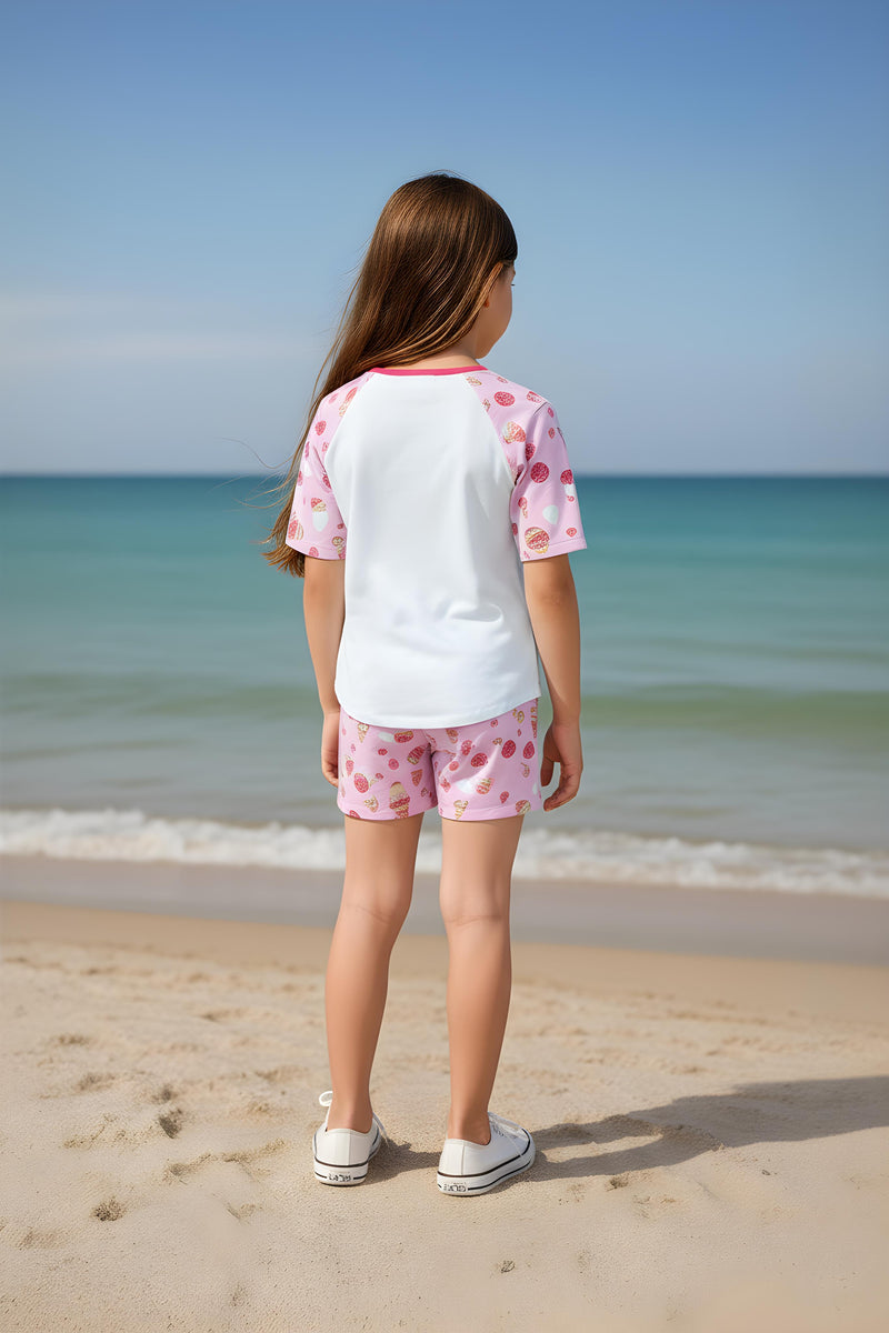 Clothe Funn Girls Cotton Nightwear set, White & Pink AOP