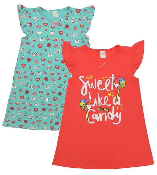 Girls Half Sleeves Nighty Dress, Mint & Coral