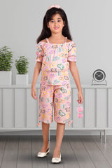 Clothe Funn Girls Butterfly Printed Co-Ord Set, Peach
Off-Shoulder Top & 3/4th Length Pant