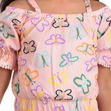 Clothe Funn Girls Butterfly Printed Co-Ord Set, Peach
Off-Shoulder Top & 3/4th Length Pant