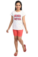 Clothe Funn Girls Diva Printed Set, White/Coral
Half Sleeve T-Shirt & Shorts
