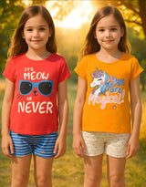 Clothe Funn Girls Printed Half Sleeve T-Shirts & Shorts Set, Orange/White & Coral/White (Pack of 2)
Half Sleeve T-Shirt & Shorts