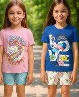 Clothe Funn Girls Chest Printed Half Sleeve T-Shirts & Shorts Sets, Pink/T.Blue & Royal/White (Pack of 2)
Half Sleeve T-Shirt & Shorts