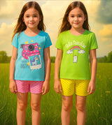 Clothe Funn Girls Chest Printed Half Sleeve T-Shirts & Shorts Sets,T.Blue/Pink & Green/Yellow (Pack of 2)
Half Sleeve T-Shirt & Shorts