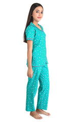 Clothe Funn Girls Heart Printed Night Suit, Sea Green
Half Sleeve Shirt & Pant