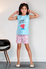 Clothe Funn Girls Heart Printed Set, Sky Blue/Pink
T-Shirt & Shorts