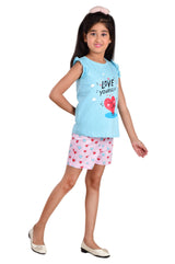 Clothe Funn Girls Heart Printed Set, Sky Blue/Pink
T-Shirt & Shorts