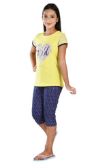 Clothe Funn Girls Heart Printed Set, Yellow/Navy AOP
Half Sleeve T-Shirt & Pants