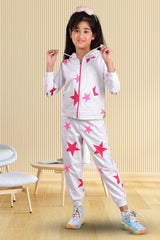 Clothe Funn Girls Star Printed Hooded Jacket & Track Pant Set, Ecru Melange
Full Sleeve Jacket & Pant