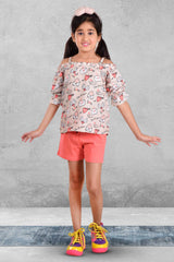 Clothe Funn Girls Love Printed Co-Ord Set, Tuscan & Peach
Top & Shorts