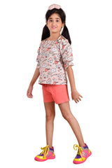 Clothe Funn Girls Love Printed Co-Ord Set, Tuscan & Peach
Top & Shorts