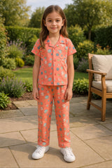 Clothe Funn Unisex Cotton Printed Night Suit, Peach Amber