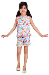 Clothe Funn Girls Water Printed Co-Ord Set, White
Sleeveless Shirt & Shorts
