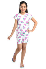 Clothe Funn Girls Watermelon Printed Crop Top Set, White AOP
Crop Top & Shorts