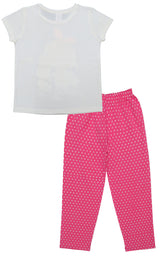 Clothe Funn Girls Printed Cotton Half Sleeves T-Shirt & Full Pant Nightwear Set, Off White & Pink
