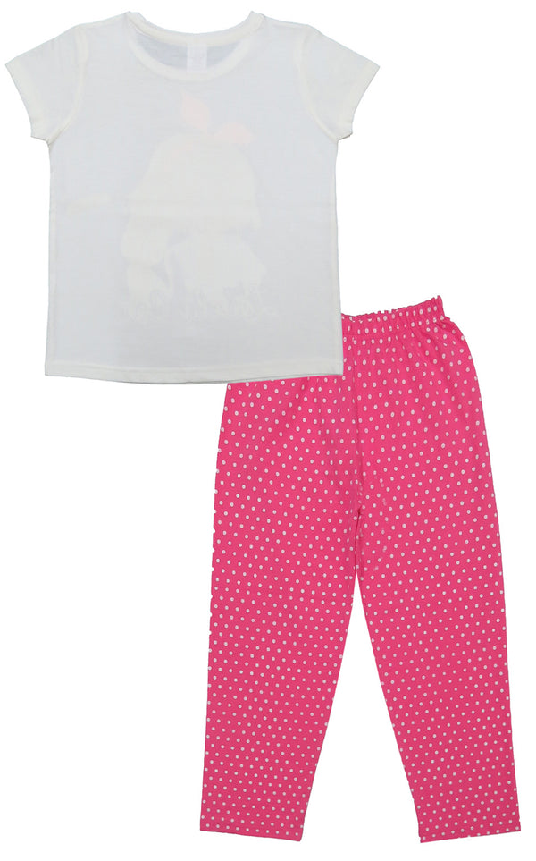 Clothe Funn Girls Printed Cotton Half Sleeves T-Shirt & Full Pant Nightwear Set, Off White & Pink