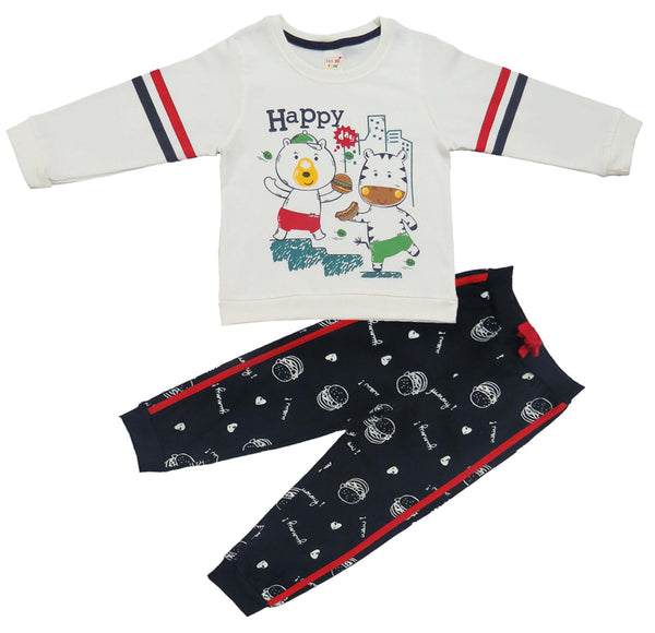 Clothe Funn Baby Boys Co-Ordinate Set, Full Sleeve T-Shirts & Full Pant, Off white & Navy