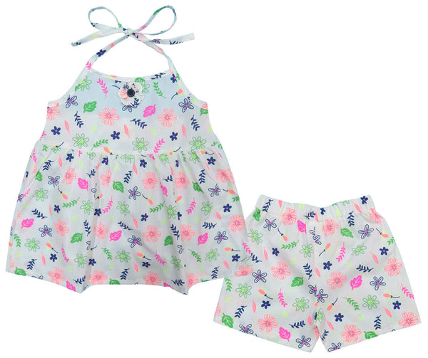 Clothe Funn Baby Girls Co-Ord Set, Shorts Set, White Floral Multi