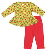 Clothe Funn Baby Girls Co-Ordinate Set, Full sleeve T-Shirts & Full Pant, Yellow AOP & Coral