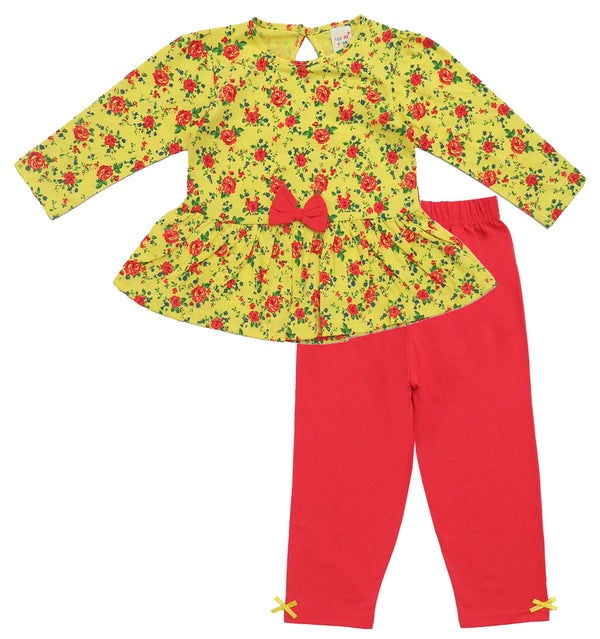 Clothe Funn Baby Girls Co-Ordinate Set, Full sleeve T-Shirts & Full Pant, Yellow AOP & Coral