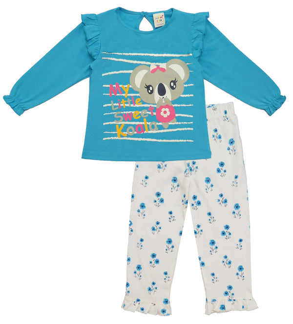 Clothe Funn Baby Girls Co-Ordinate Set, Full sleeve T-Shirts & Full Pant, T.Blue & Offwhite