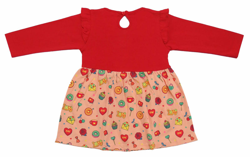 Clothe Funn New Born Baby Girl Dress, Red & Peach AOP