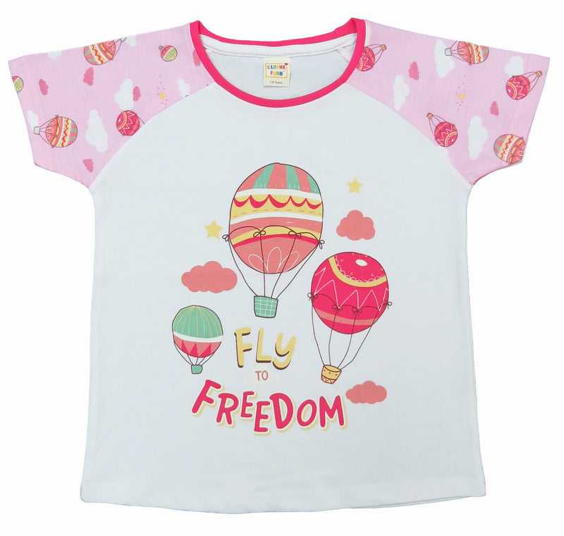Clothe Funn Girls Printed Cotton Half Sleeves T-Shirt & Full Pant Nightwear Set, White & Pink AOP