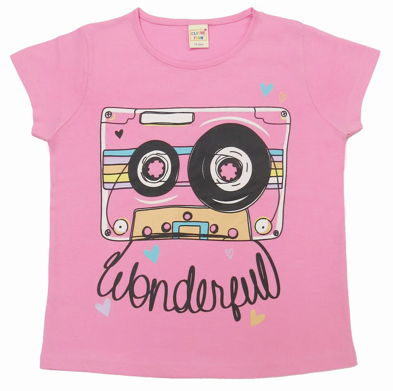 Clothe Funn Girls Printed Cotton Half Sleeves T-Shirt & Full Pant Nightwear Set, Pink & Off White