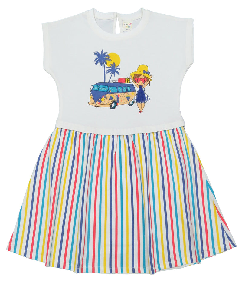 Clothe Funn Girls Fancy Look Striper, Short Sleeve Frock, Off White & Stripes