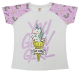 Clothe Funn Girls Printed Cotton Half Sleeves T-Shirt & Full Pant Nightwear Set, White & Purple AOP
