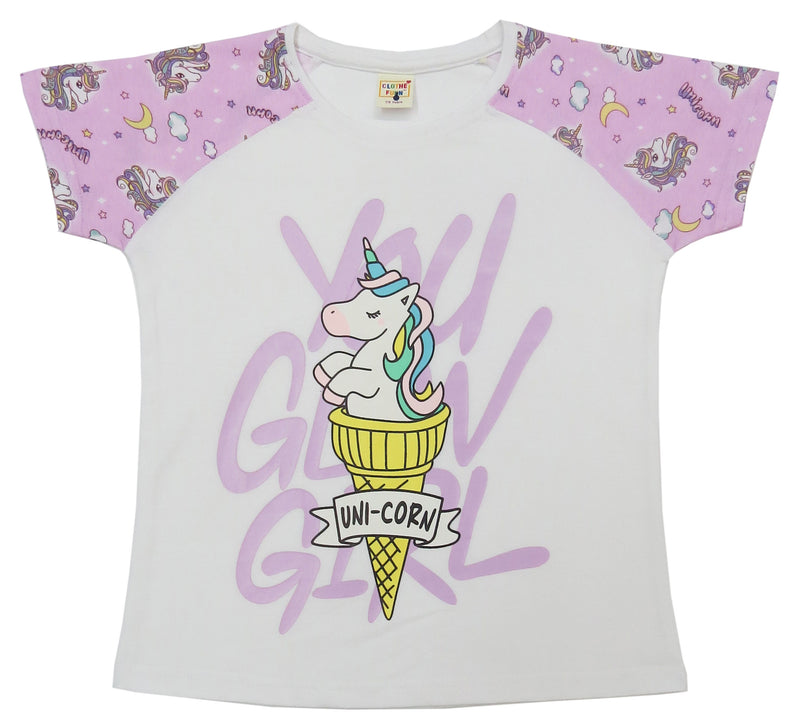 Clothe Funn Girls Printed Cotton Half Sleeves T-Shirt & Full Pant Nightwear Set, White & Purple AOP