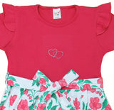 Clothe Fun Girls Fancy Floral Printed Frock With Waist Belt, Coral & Off White AOP