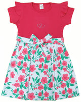 Clothe Fun Girls Fancy Floral Printed Frock With Waist Belt, Coral & Off White AOP