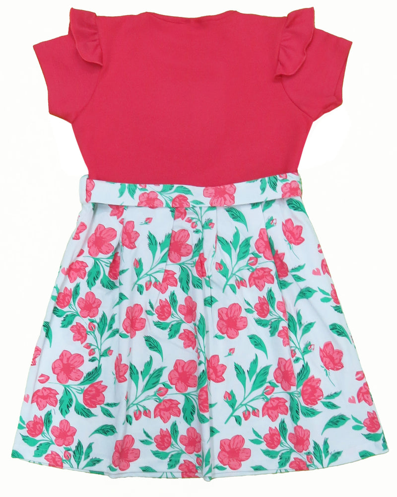 Clothe Fun Girls Fancy Floral Printed Frock With Waist Belt, Coral & Off White AOP