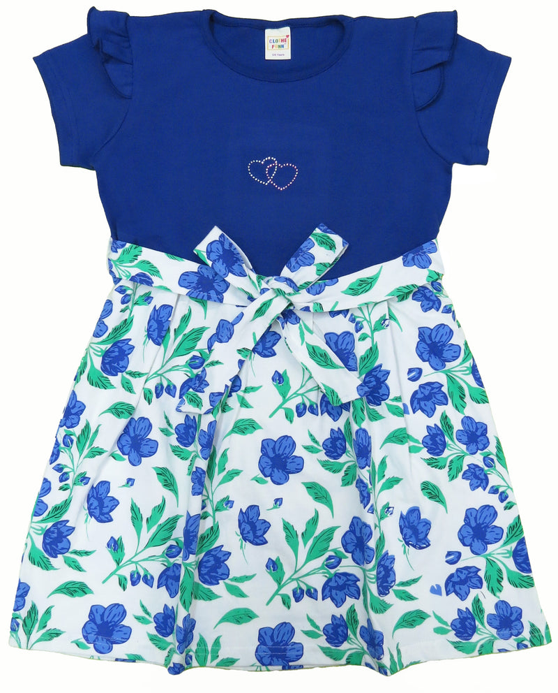 Clothe Fun Girls Fancy Floral Printed Frock With Waist Belt, Royal Blue & Off White AOP