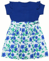 Clothe Fun Girls Fancy Floral Printed Frock With Waist Belt, Royal Blue & Off White AOP