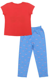Clothe Funn Girls Printed Cotton Half Sleeves T-Shirt & Full Pant Nightwear Set, Coral & Sky