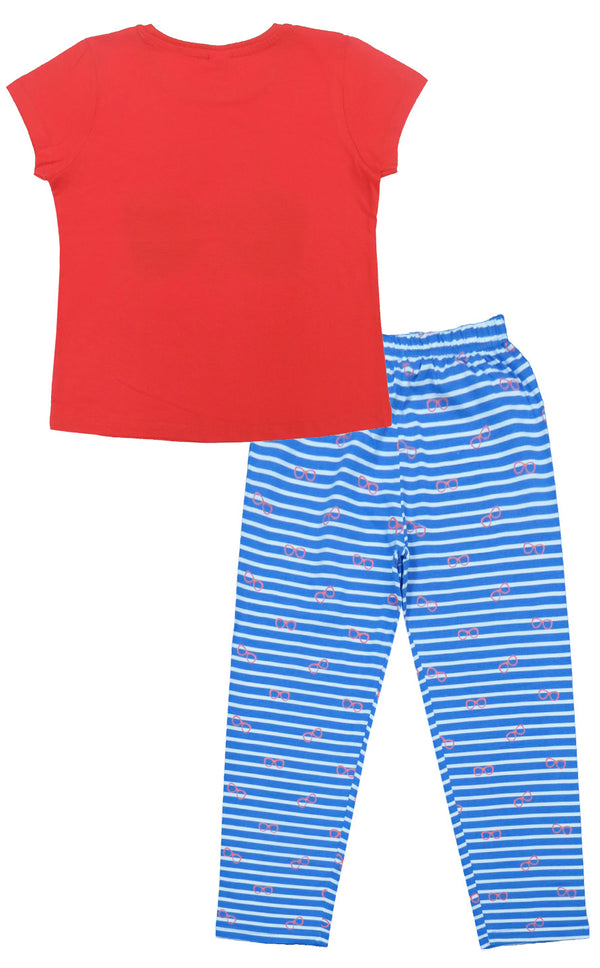 Clothe Funn Girls Printed Cotton Half Sleeves T-Shirt & Full Pant Nightwear Set, Coral & Sky