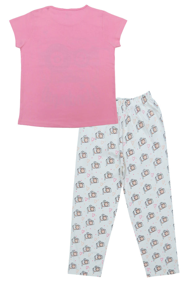 Clothe Funn Girls Printed Cotton Half Sleeves T-Shirt & Full Pant Nightwear Set, Pink & Off White