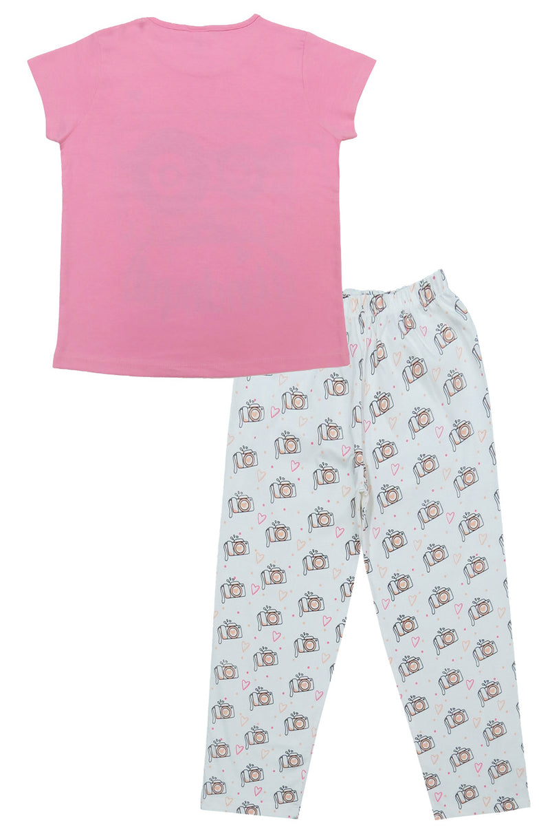 Clothe Funn Girls Printed Cotton Half Sleeves T-Shirt & Full Pant Nightwear Set, Pink & Off White