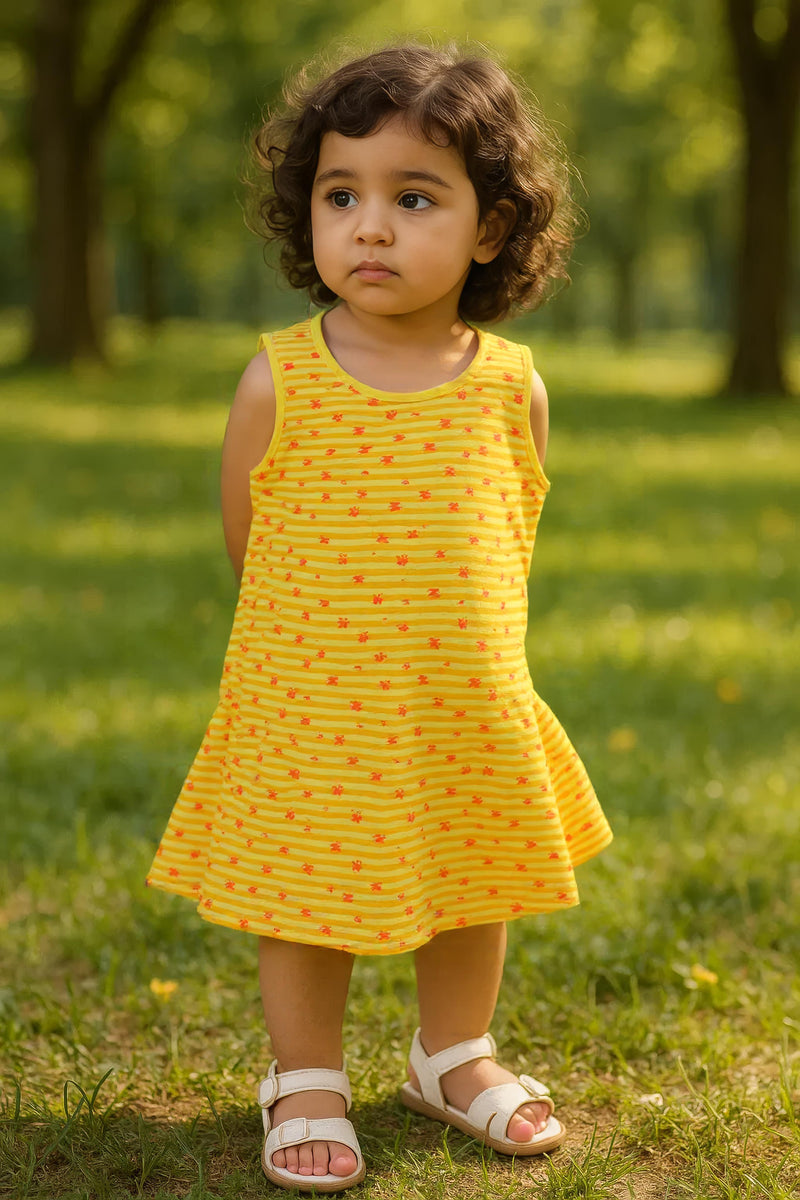 Clothe Funn Baby Girls Sleeveless Printed Frock Combo:-2 Lemon/Sky Blue/Gold(Pack Of 3)