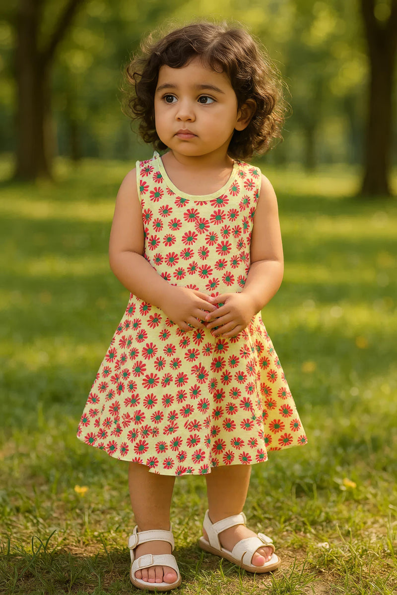 Clothe Funn Baby Girls Sleeveless Printed Frock Combo:-3 Lemon/Pink/S.Blue (Pack Of 3)