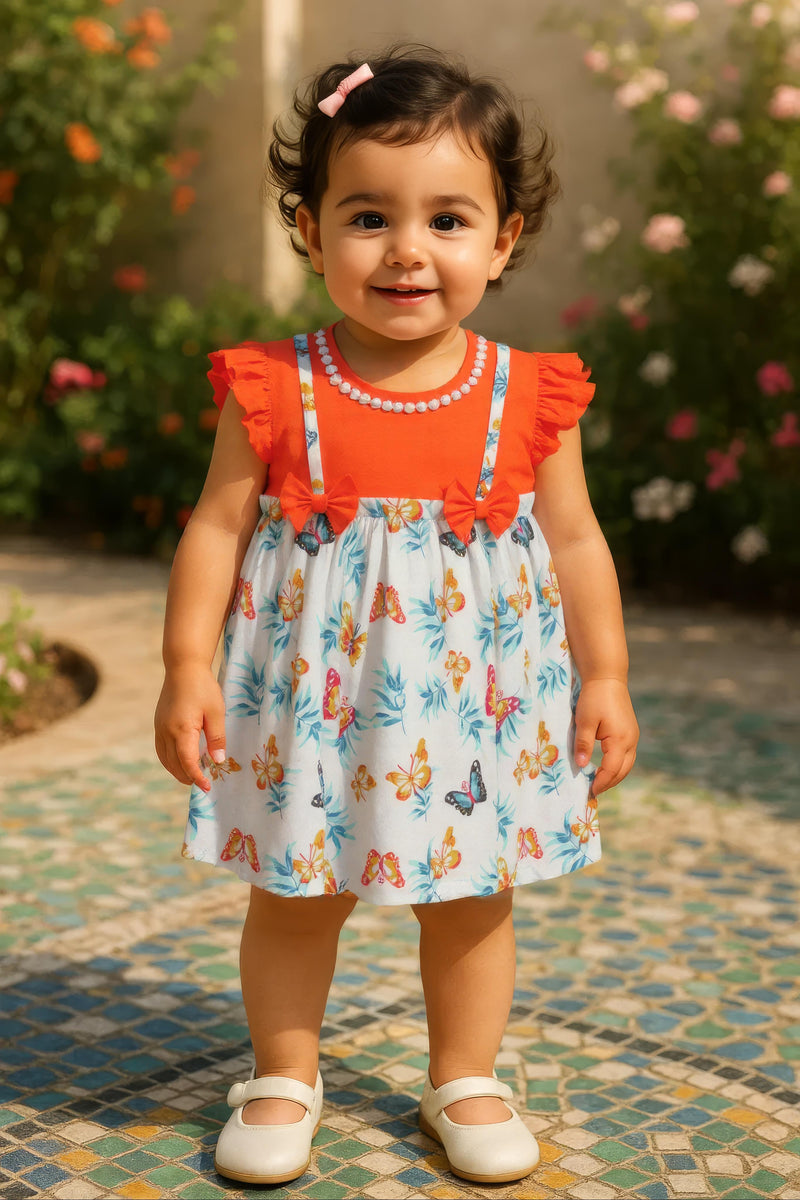 Clothe funn New Born Baby Girl's Trendy Dress With Lace, Orange/White