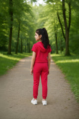 clothe Funn Girls Co-Ord Set, Hooded Half Sleeve Sweatshirt & Track Pant Set, Fuschia